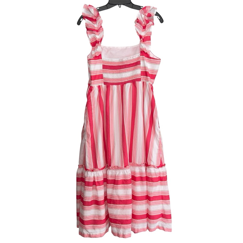 J. Crew Factory Pink White Striped Ruffle Feminine Midi Dress Women’s 12 Petite - Picture 2 of 13